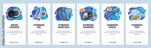 Makeup accessories, beauty salon, eyebrow mascara, pencil, tint, brow pomade. Mobile app onboarding screens. Menu vector banner template for website and mobile development. Web site flat illustration