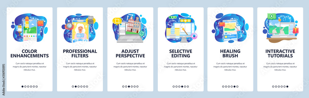 Photo editing software, filters, color enhancements, online tutorial. Mobile app onboarding screens. Menu vector banner template for website and mobile development. Web site design flat illustration