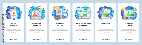 Photo editing and image retouching software application, photo filter. Mobile app onboarding screens. Menu vector banner template for website and mobile development. Web site design flat illustration