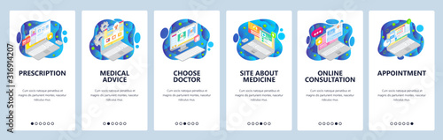 Medical mobile app, online doctor consultation, clinic appointment. Mobile app onboarding screens. Menu vector banner template for website and development. Web site design flat illustration
