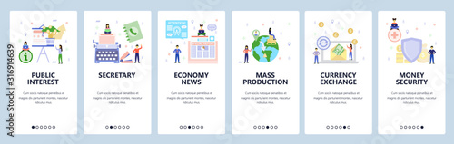 Business and economy icons, financial news and reports. Mobile app onboarding screens. Menu vector banner template for website and mobile development. Web site design flat illustration