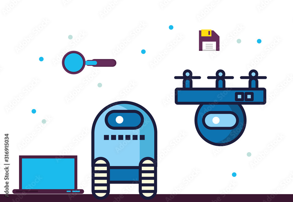 couple of robots technology with data center icons couple of robots technology with data center icons