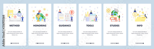 Education icons, office and studying accessories. Mobile app onboarding screens. Menu vector banner template for website and mobile development. Web site design flat illustration