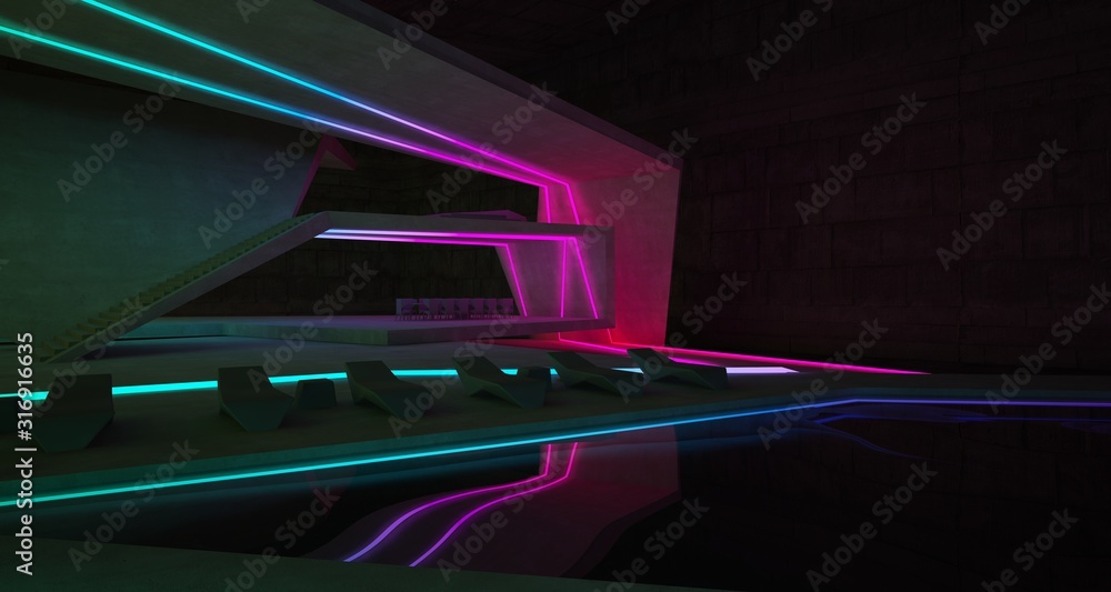 Abstract architectural concrete interior of a minimalist house with colored neon lighting. 3D illustration and rendering. Abstract architectural concrete interior of a minimalist house with colored neon lighting. 3D illustration and rendering.