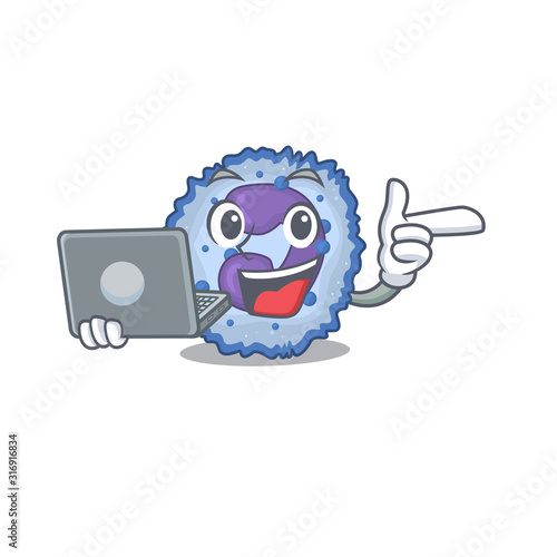 Smart character of basophil cell working with laptop