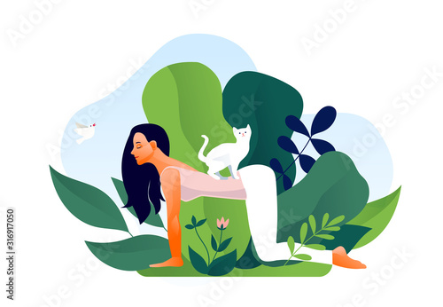 Woman practicing yoga exercise, yoga pose. Cat bothers. Design concept of web page design or mobile website. International Yoga Day. Vector illustration
