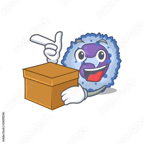 Cute basophil cell cartoon character having a box