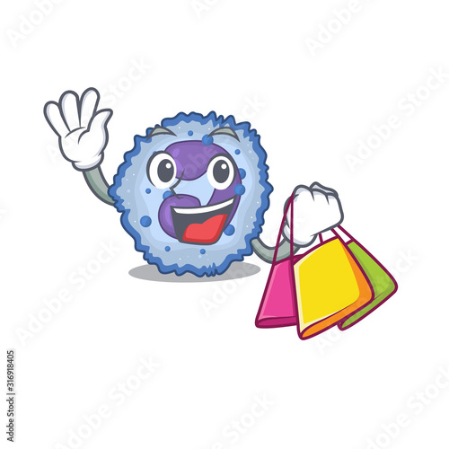 A happy rich basophil cell waving and holding Shopping bag