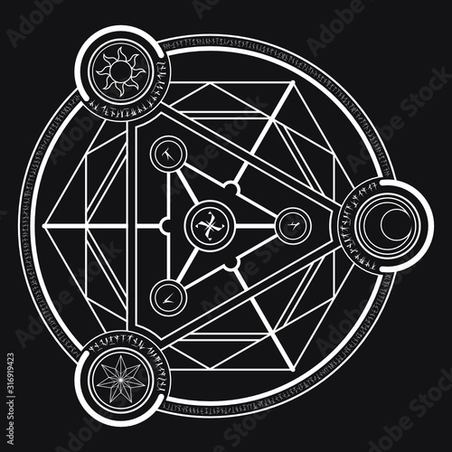 White magic incantation circle with fantasy alphabets spell (named Fotonth) and symbol of sun moon star on black background