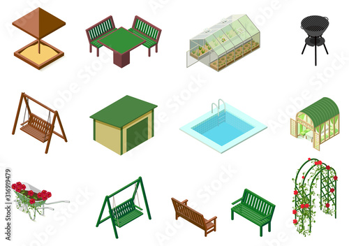 Garden architecture objects 3d isometric illustration. Sandbox, table, chair, swing, trolley, greenhouse, flowers, bench, pool, barbecue and flowerbed roses