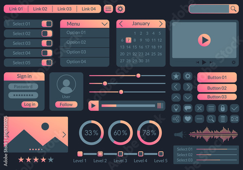 Ui kit design for app, web and mobile. Website interface template with buttons, icons, menu forms. Vector illustration.