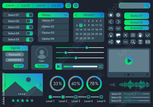 Ui kit design for app, web and mobile. Website interface template with buttons, icons, menu forms. Vector illustration.