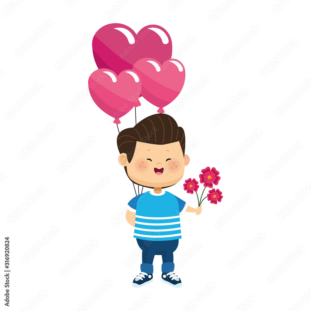 cartoon boy with heart balloons and beautiful flowers, colorful design cartoon boy with heart balloons and beautiful flowers, colorful design