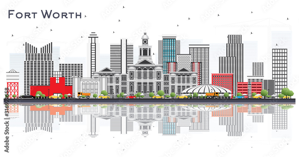 Fort Worth USA City Skyline with Gray Buildings and Reflections Isolated on White.