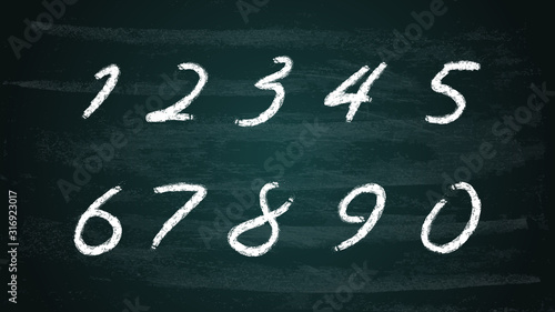 Chalk hand drawn alphabet numbers set on dark green chalkboard, pencil or charcoal chalk Vector
