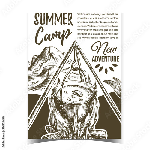 Summer Camp Adventure Advertising Banner Vector. Cooking In Cauldron On Burning Tree Timbers Flame Camp. Cook Soup Touristic Dinner. Hand Drawn In Retro Style Monochrome Illustration