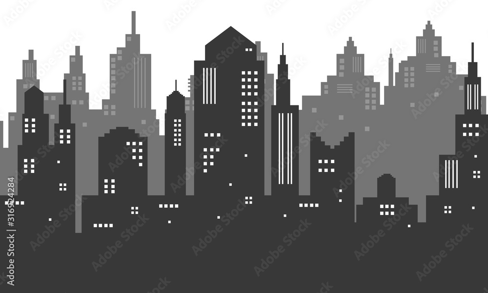 Black and white city silhouette on a white background