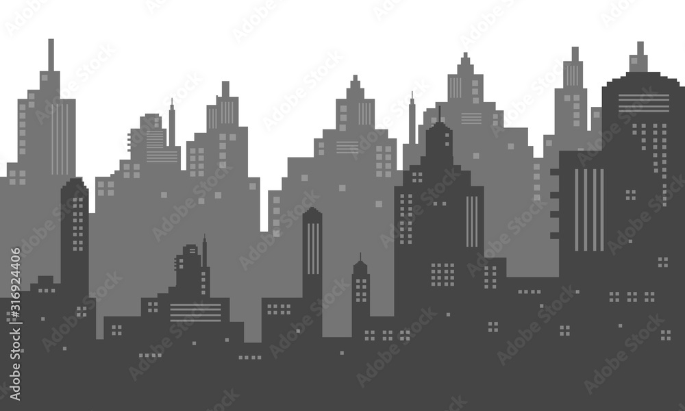 Black and white city silhouette with many windows