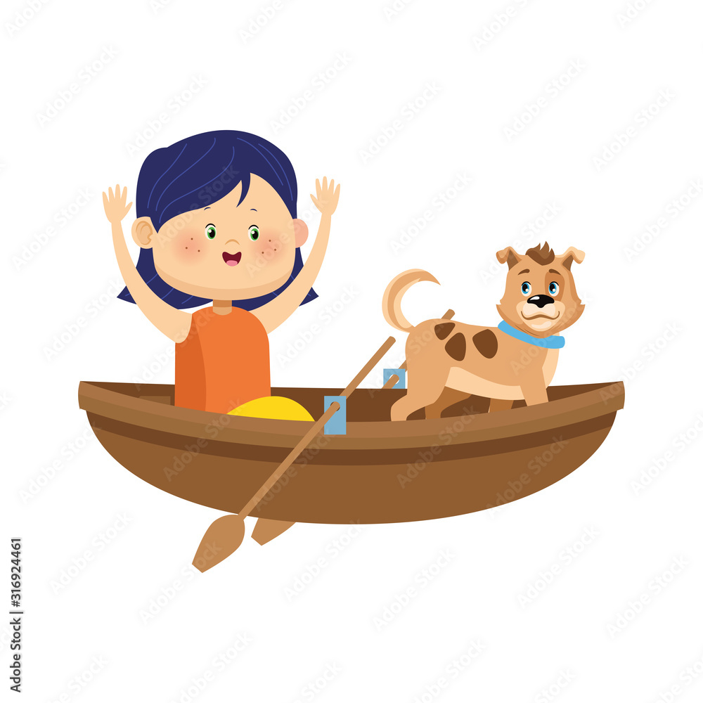 wooden canoe with cartoon happy girl and dog wooden canoe with cartoon happy girl and dog