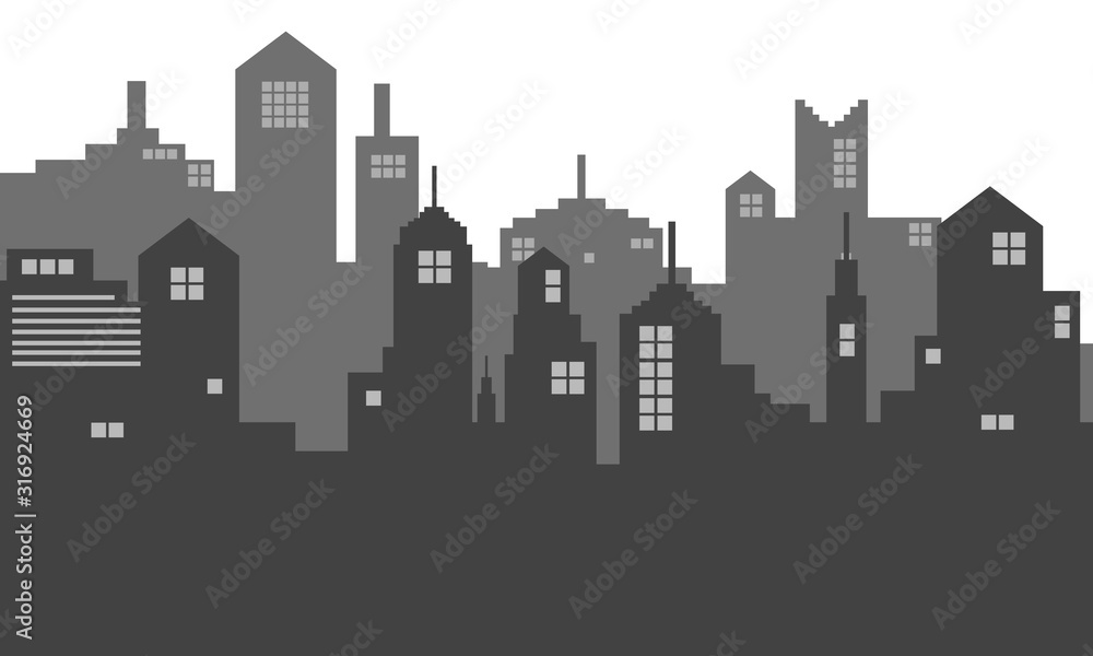 Black and white colour of vector silhouette city town with a shadow
