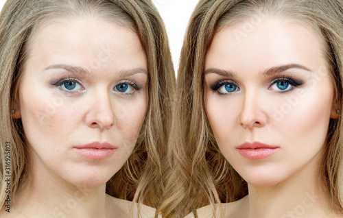 Comparison portrait of adult woman with and without makeup.
