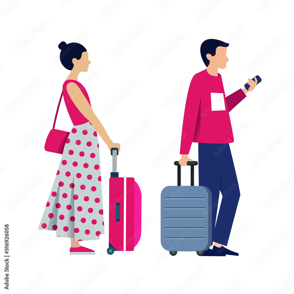 young tourists  with luggage. Arriving and departing tourists in airport .Portrait of modern family walking together. Colorful vector illustration in flat style isolated on white background