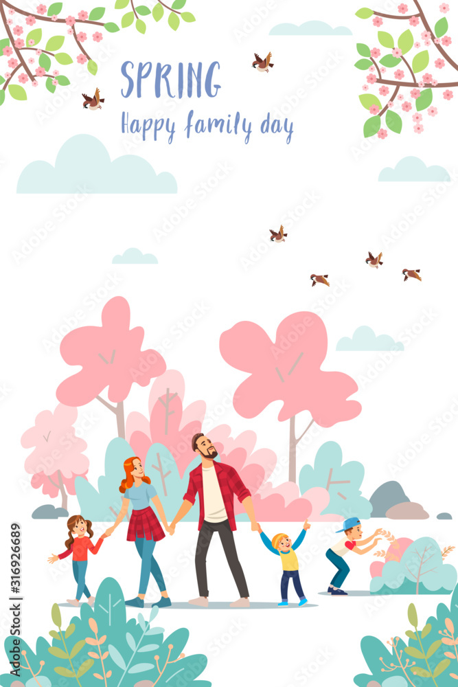 Spring. Family day. Cute poster of spring time, vector drawn illustrations of a happy family in nature Spring. Family day. Cute poster of spring time, vector drawn illustrations of a happy family in nature
