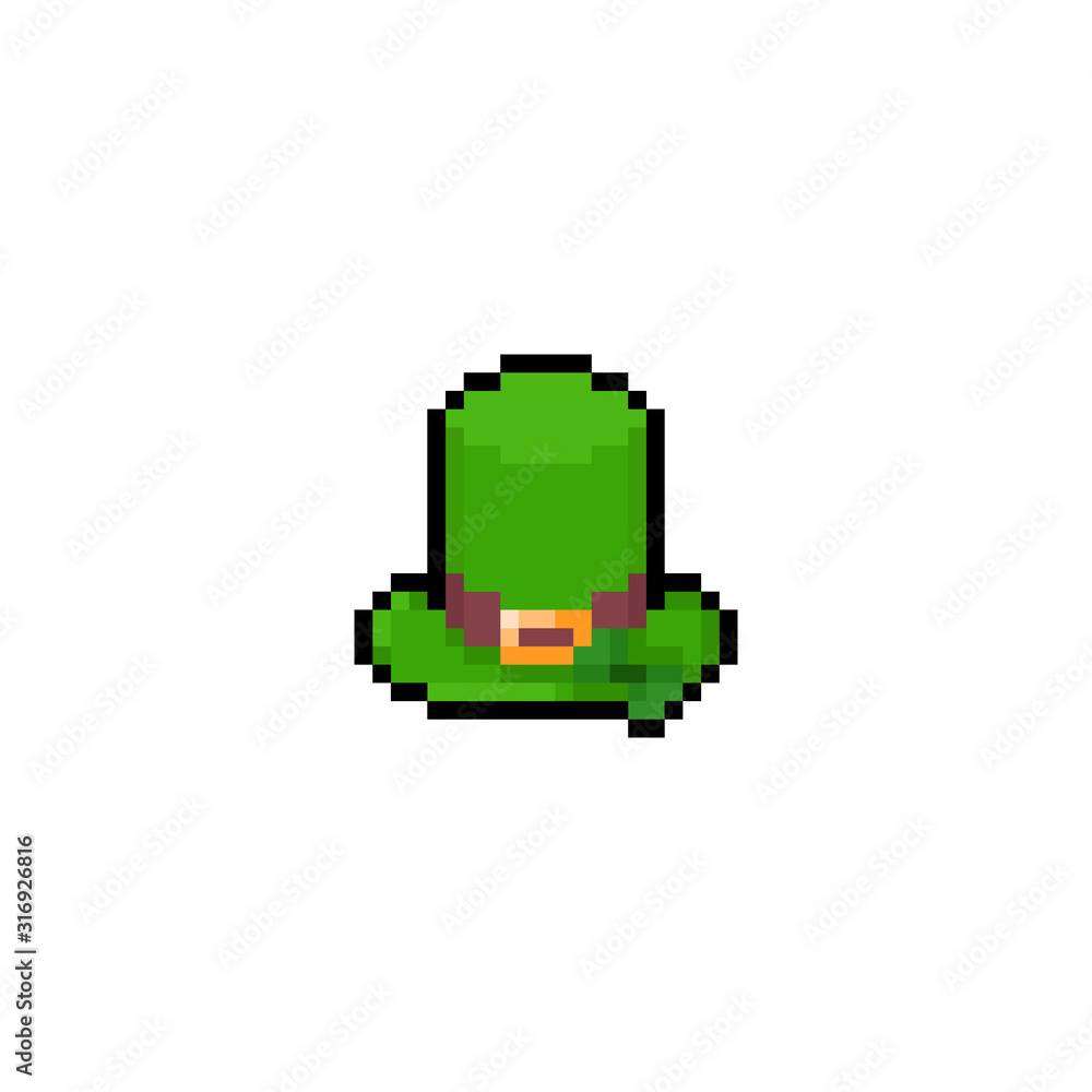 Pixel art cartoon green hat icon with clover. Pixel art cartoon green hat icon with clover.