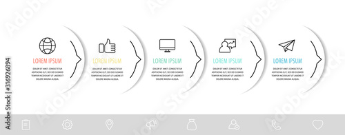 Vector infograph flat template. Shape with arrow for five diagrams, graph, flowchart, timeline, marketing, presentation. Business concept with 5 labels