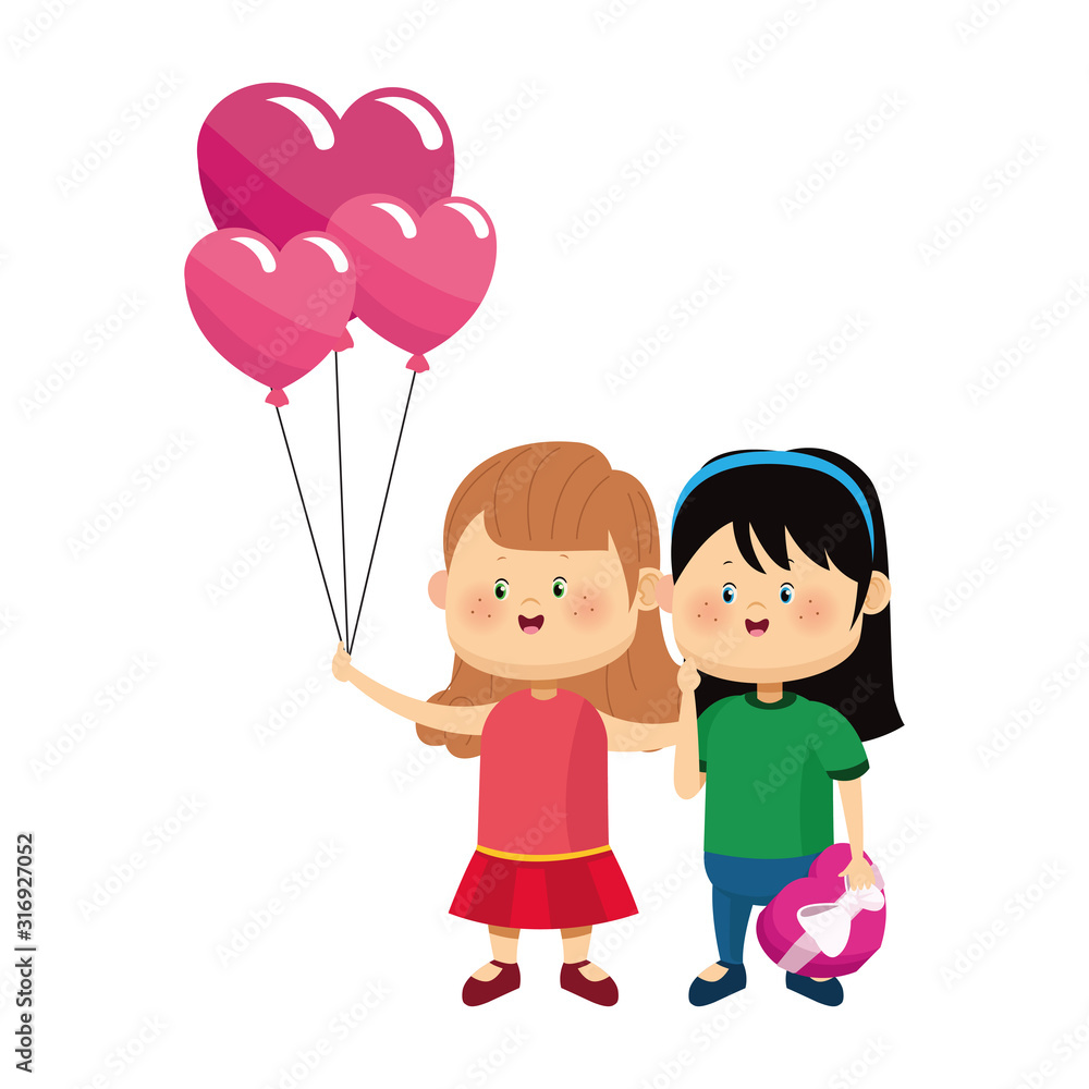 cartoon happy girls with hearts balloons and chocolate box, colorful design cartoon happy girls with hearts balloons and chocolate box, colorful design