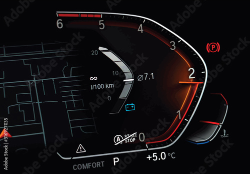 Illustration of car tachometer displaying almost 2000 RPM. Modern digital vehicle dashboard with average fuel consumption and temperature gauge. Luxury business car cluster with rev counter at night.