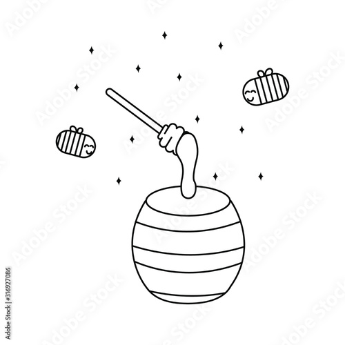 Pot of honey with dipper and bee black line vector illustration.