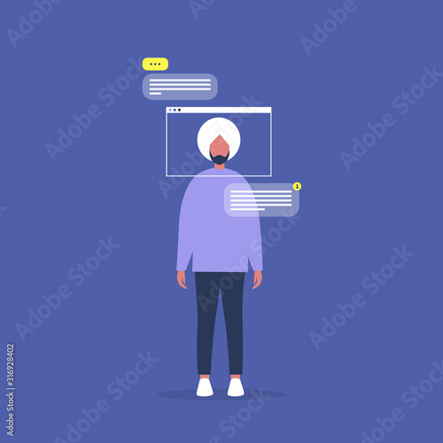 Internet technologies, landing page frame, young indian male modern user, conceptual vector illustration