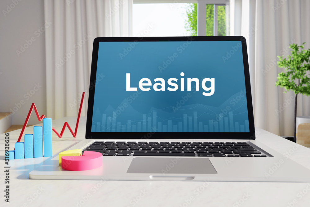 Leasing – Business/Statistik. Laptop im Büro mit Begriff auf dem Monitor.  Finanzen/Wirtschaft. Stock Illustration | Adobe Stock