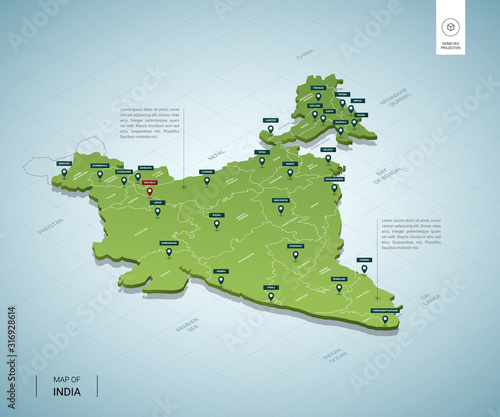 Stylized map of India. Isometric 3D green map with cities, borders, capital, regions. Vector illustration. Editable layers clearly labeled. English language.