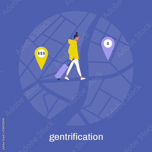 Gentrification, young female character moving from one neighbourhood to another, cheaper location