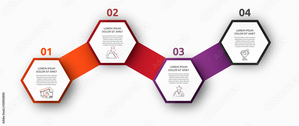 Vector infographic with 4 hexagons. Used for four diagrams, graph ...