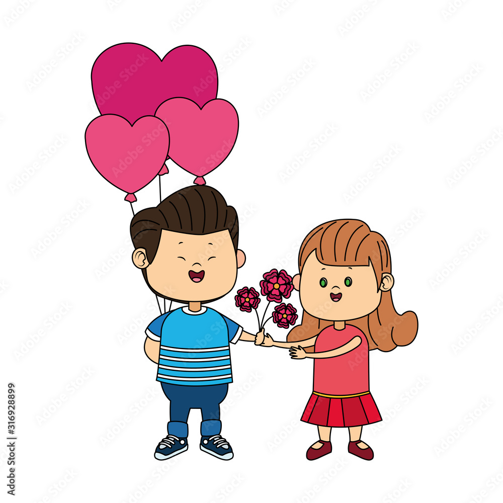 Happy boy giving flowers and heart balloons a girl Happy boy giving flowers and heart balloons a girl