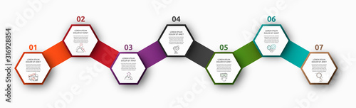 Vector infographic with 7 hexagons. Used for seven diagrams, graph, flowchart, timeline, marketing, presentation. Creative business concept step by step
