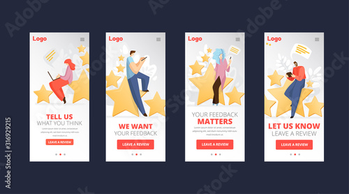 Feedback, survey vector flat app concept with people, man and woman sitting on big rating stars, writing reviews and making comments about service or product. Rate Evaluation and testimonial, customer