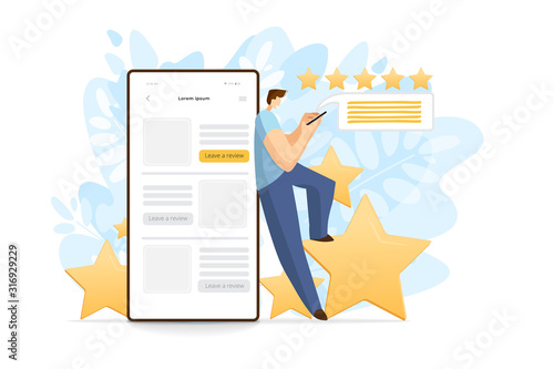 Man standing near by cell phone, smartphone, giving feedback for servise or product. Flat modern illustration, customer service concept, banner for website or app. Feedback illustration