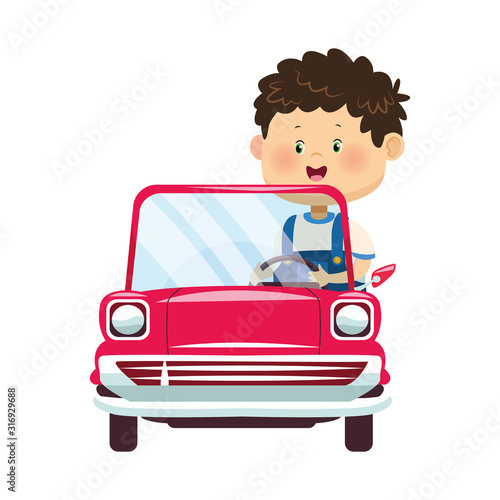 cute boy in classic car icon, colorful design