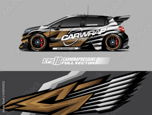 Car wrap decal graphic design. Abstract stripe racing background designs for wrap cargo van, race car, pickup truck, adventure vehicle. Eps 10