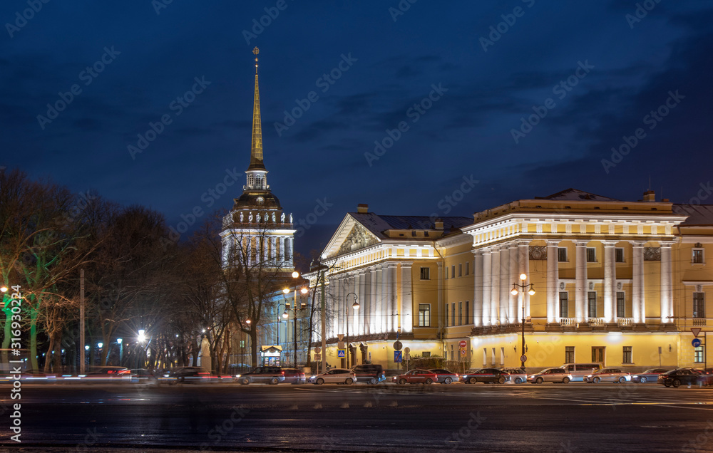The Admiralty building - the former headquarters of the Admiralty Board and the Imperial Russian Navy in Saint Petersburg, Russia at night