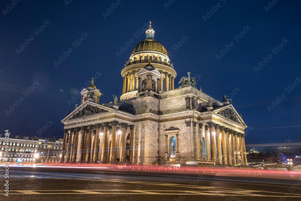 Night view of Saint Isaac's Cathedral or Isaakievskiy Sobor is the largest Russian Orthodox church (sobor) in the city of Saint Petersburg, Russia. It is the largest orthodox basilica.