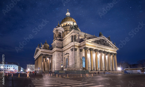 Night view of Saint Isaac's Cathedral or Isaakievskiy Sobor is the largest Russian Orthodox church (sobor) in the city of Saint Petersburg, Russia. It is the largest orthodox basilica.