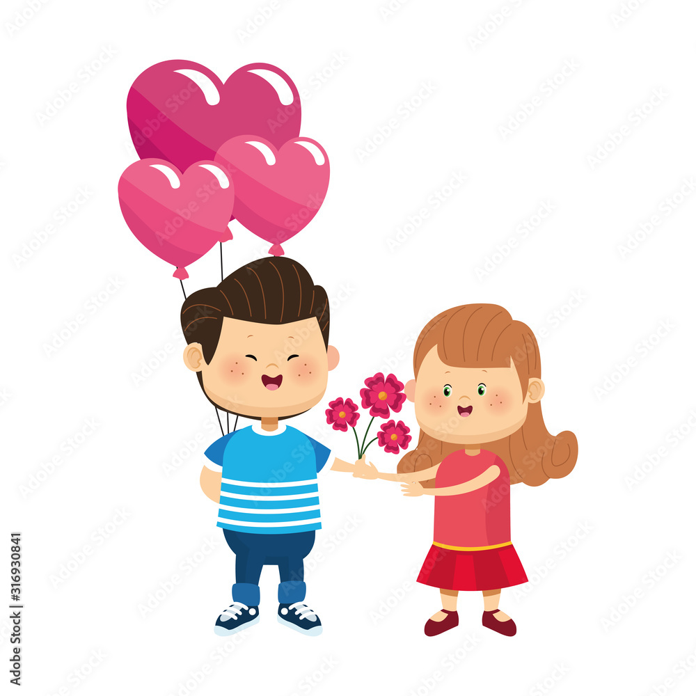 Happy boy giving flowers and heart balloons a girl, colorful design Happy boy giving flowers and heart balloons a girl, colorful design