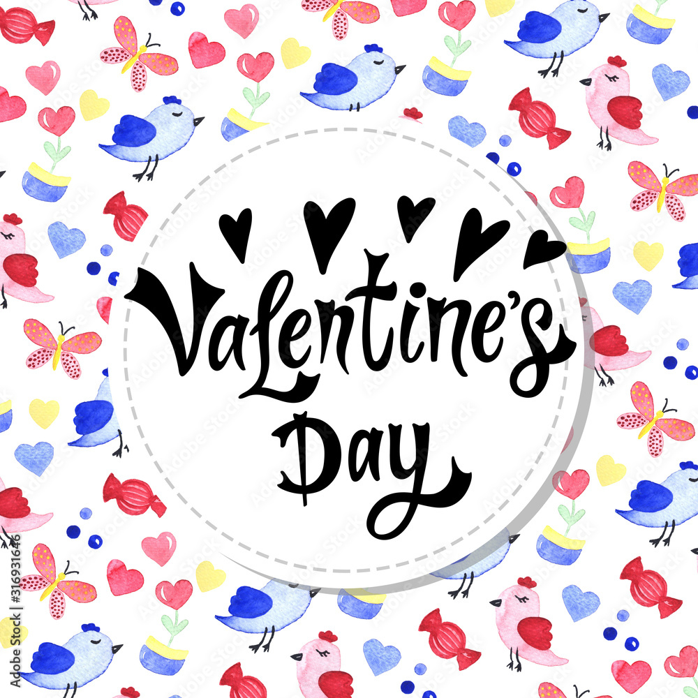 Valentine's Day. Hand drawn lettering with watercolor romantic background. Background has hearts and other love elements. Banner for Valentine's day or Wedding Valentine's Day. Hand drawn lettering with watercolor romantic background. Background has hearts and other love elements. Banner for Valentine's day or Wedding