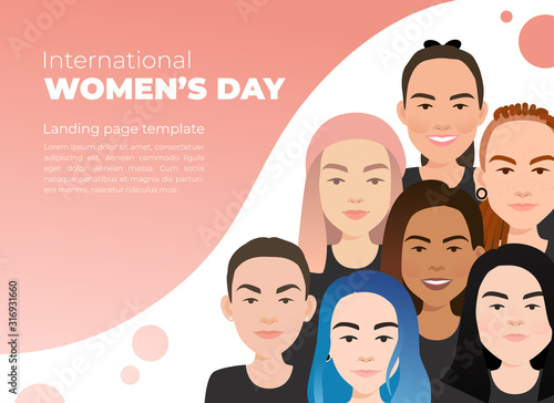 International Women's Day. Female diverse faces of different ethnicity. Vector template for card, poster, flyer and other users. Women empowerment movement.
