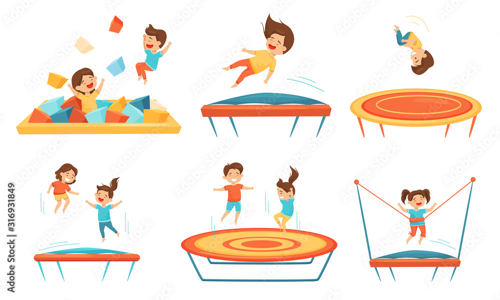 Little Kids Jumping on Trampoline Vector Illustrations Set. Smiling Children Having Fun Outdoors